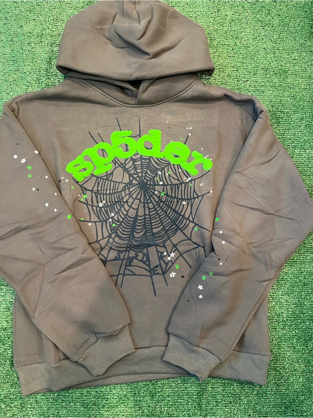 spider world wide Men’s Brown Crewneck Hoodie with Neon Green Graphic